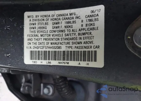 2017 Honda Civic Lx from USA, damaged, VIN 2HGFC2F57HH552085
